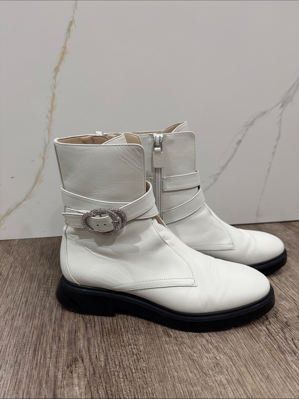 Stuart Weitzman White Leather Ankle Boots with Embellished Buckle